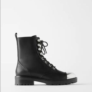 METALLIC TOE LEATHER ANKLE BOOTS WITH PEARLS